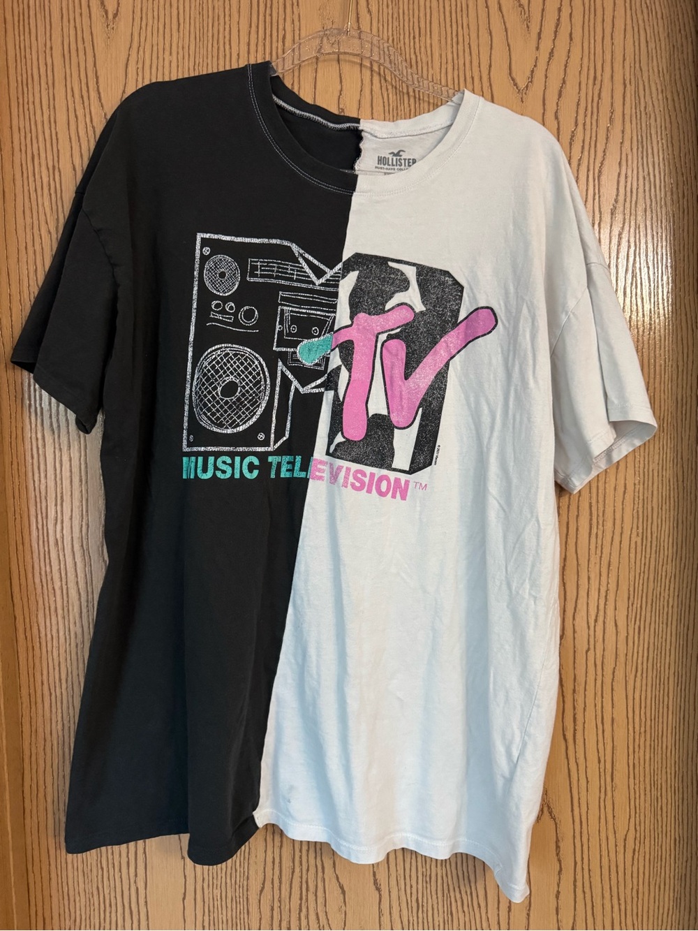 Split Black & White MTV Graphic Tee with Pink Logo